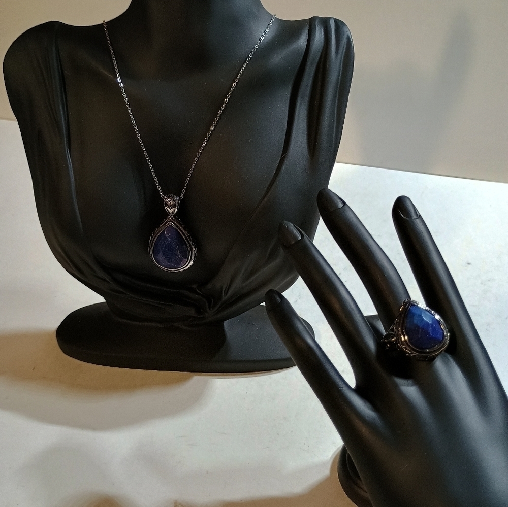 Blue Lapis Pendant Necklace and Ring Set. Ring Size 9 Necklace 20in.
